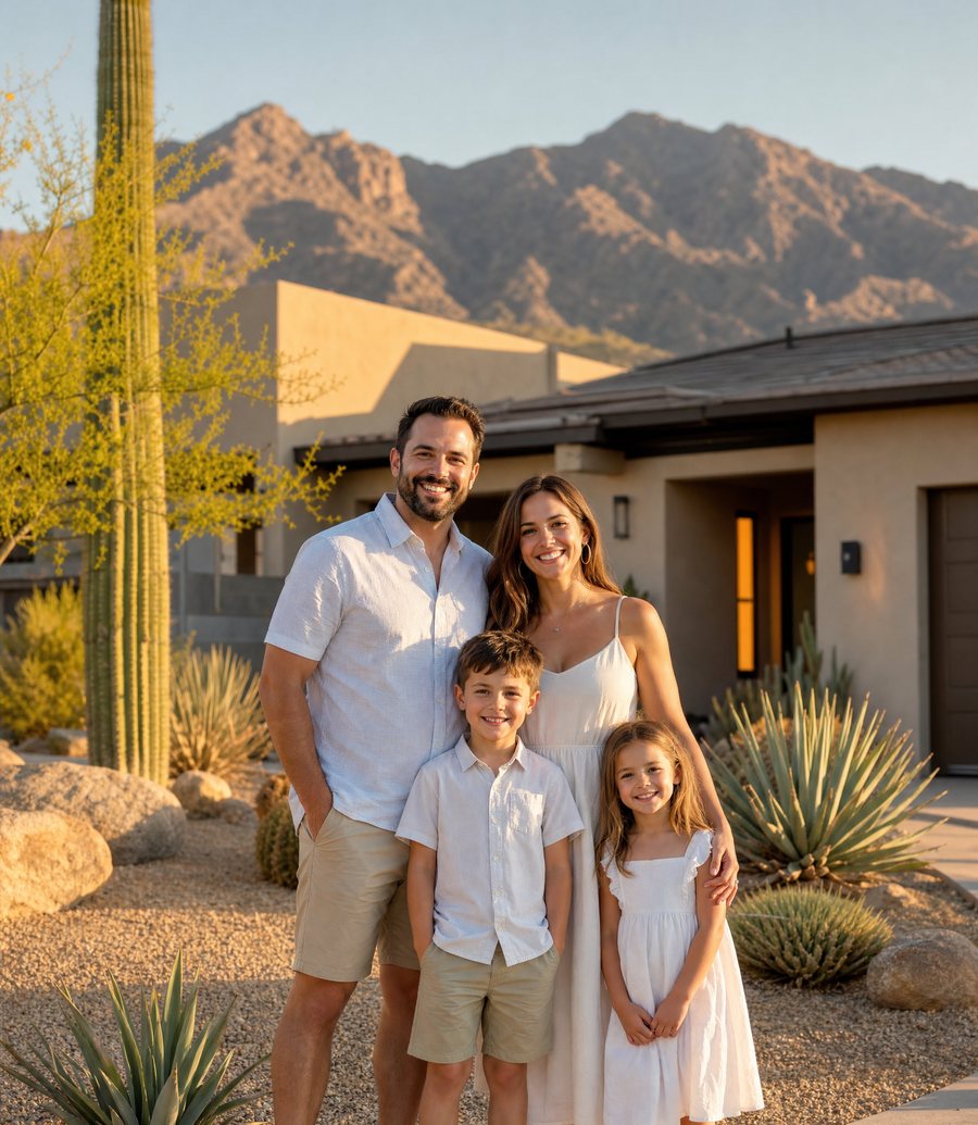 Family in front of their Tucson desert home